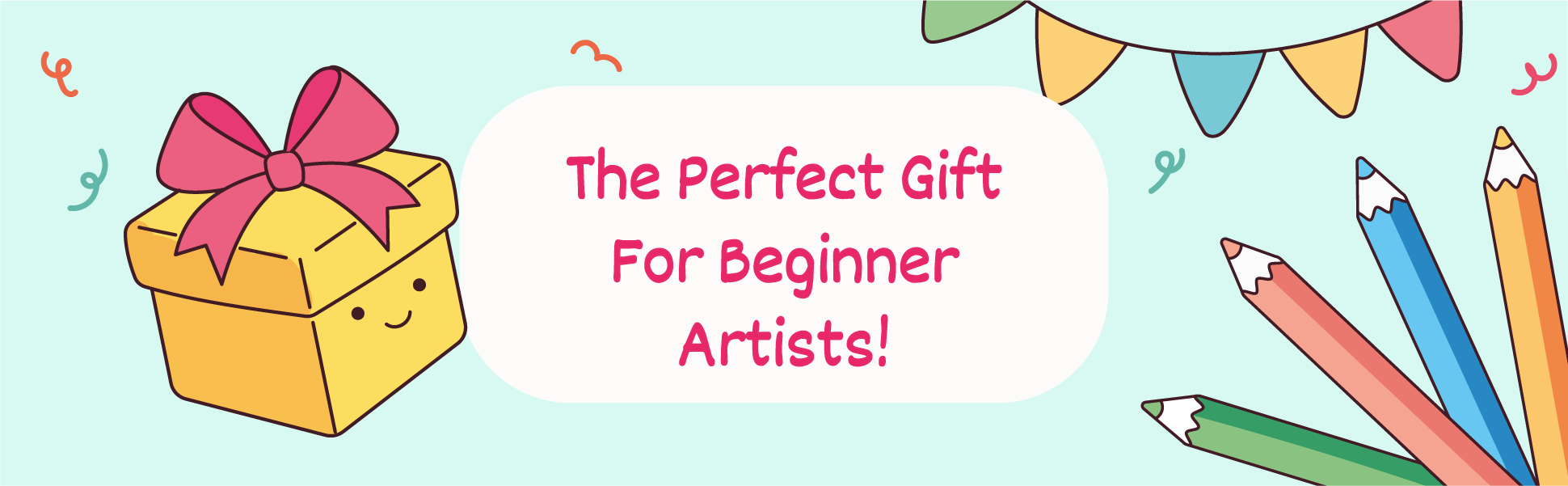 The perfect gift for beginner artists, a wrapped present and colored pencils