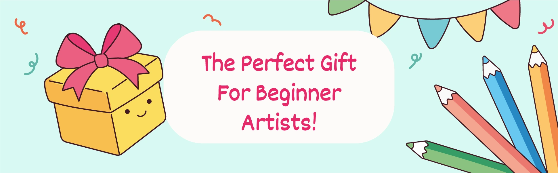 The perfect gift for beginner artists, a wrapped present and colored pencils