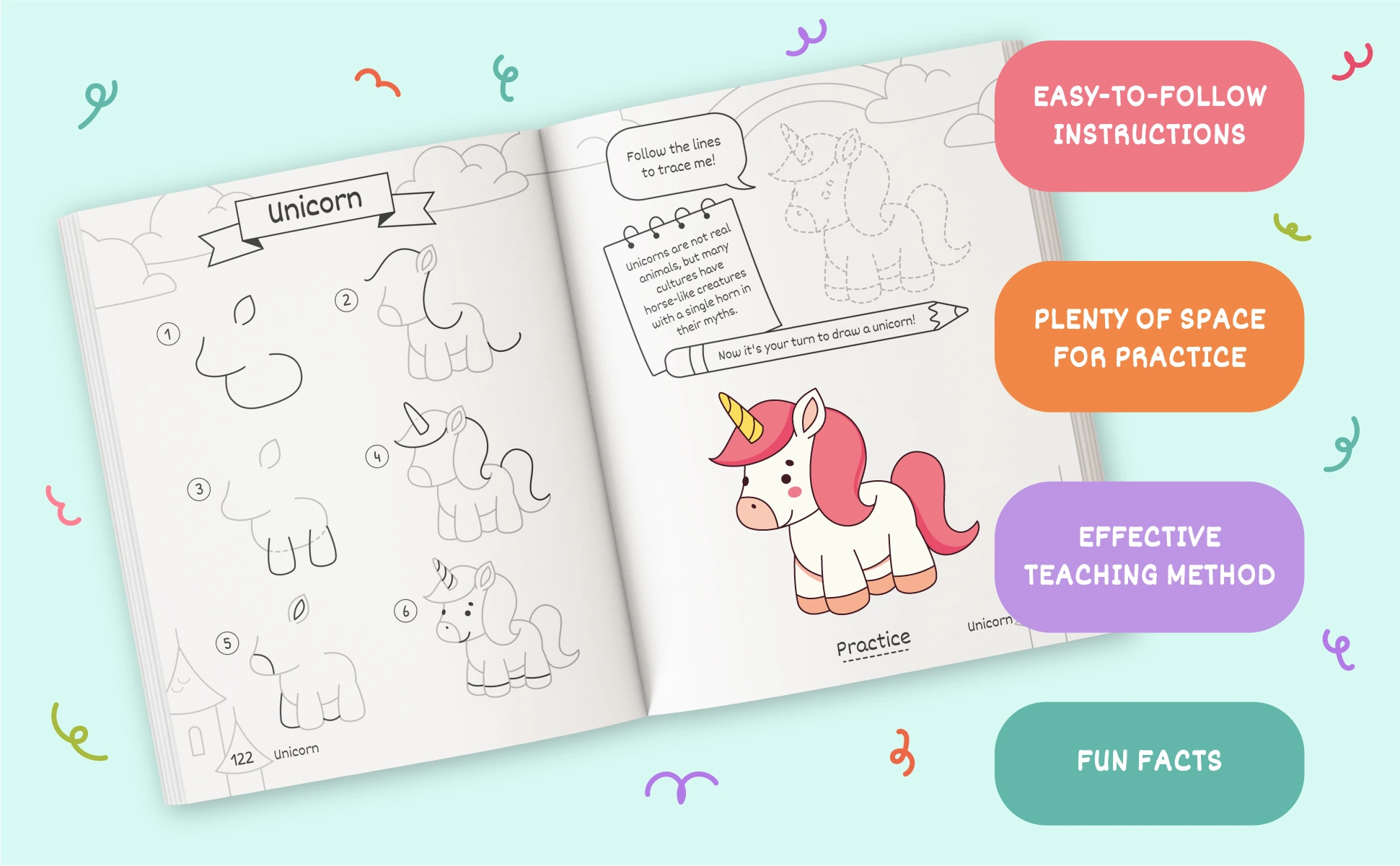The book open at the unicorn: six steps, a fun fact, a dotted outline to trace and space to draw your own