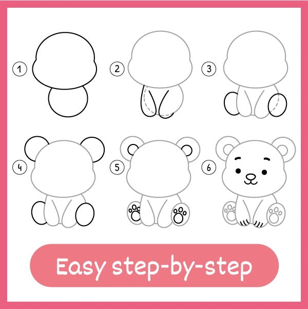 Easy step by step: a teddy bear built up one simple shape at a time, starting from two circles
