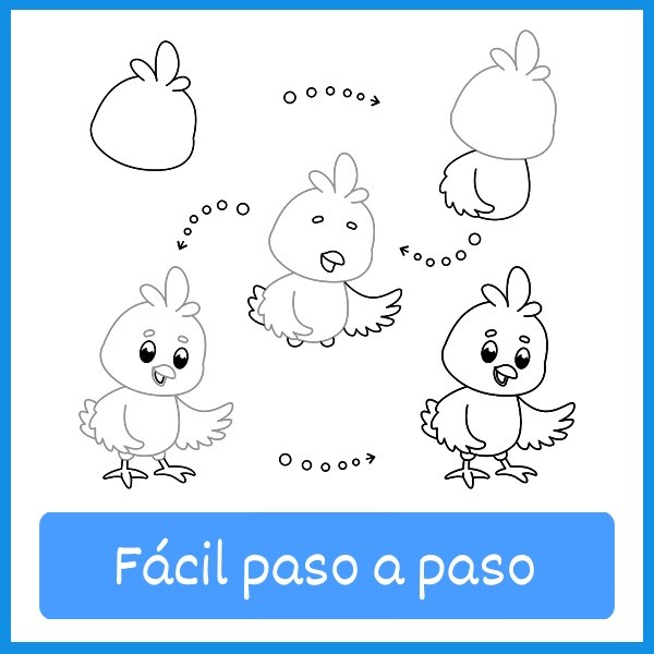 Fácil paso a paso: un pollito dibujado en cinco pasos, a partir de una forma sencilla