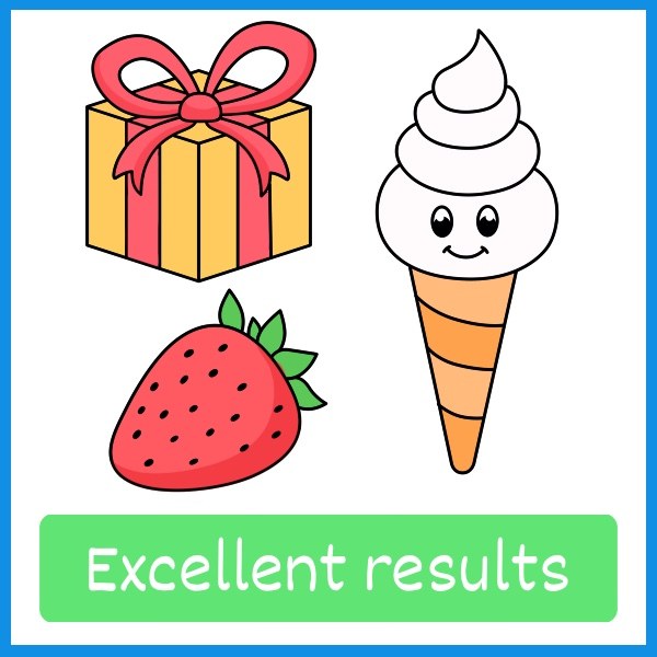 Excellent results: a gift box, an ice cream cone and a strawberry from the book, finished and colored in