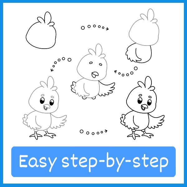 Easy step by step: a chick drawn in five steps, starting from one simple shape