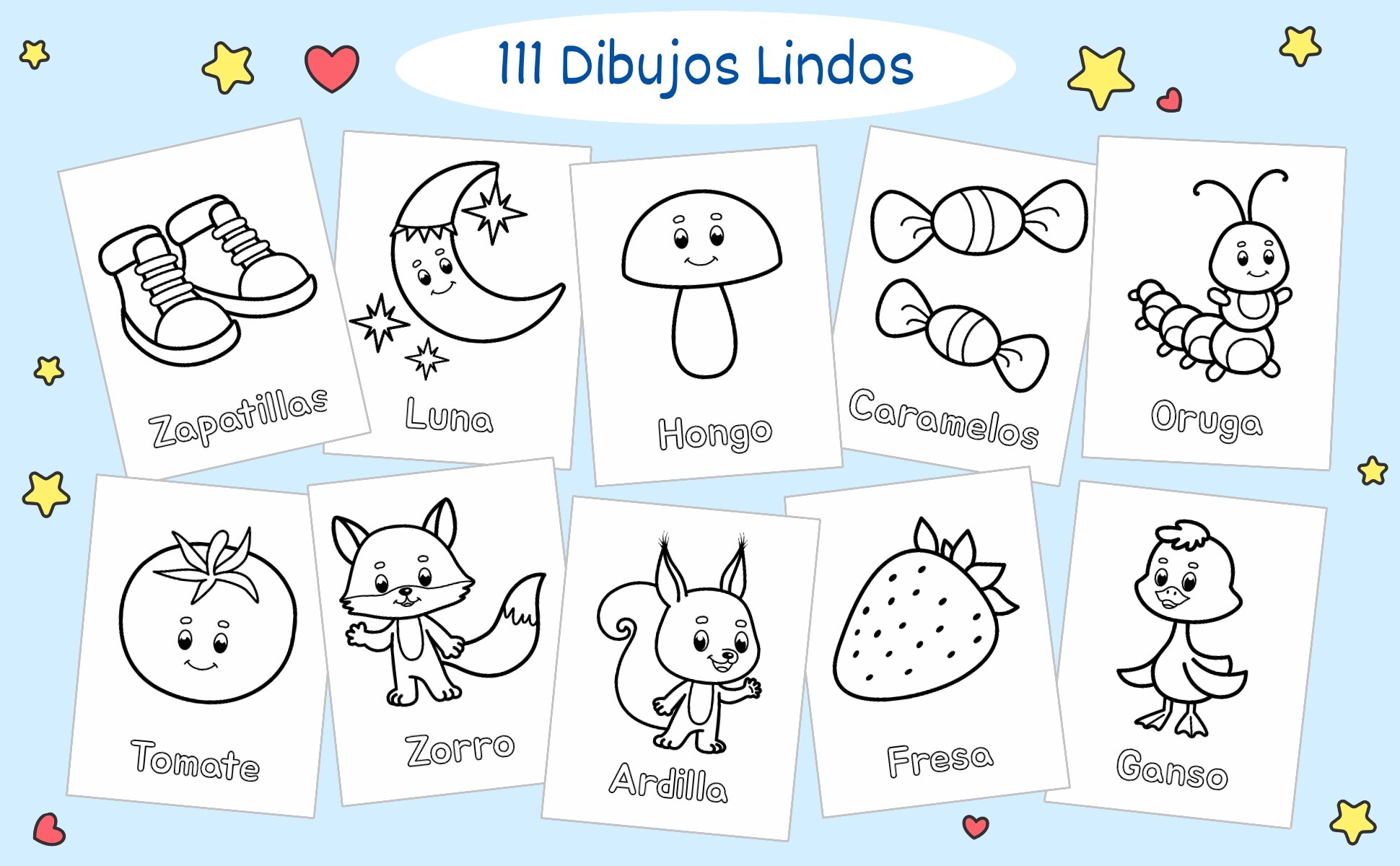 Diez de los 111 dibujos: zapatillas, luna, hongo, caramelos, oruga, tomate, zorro, ardilla, fresa y un ganso