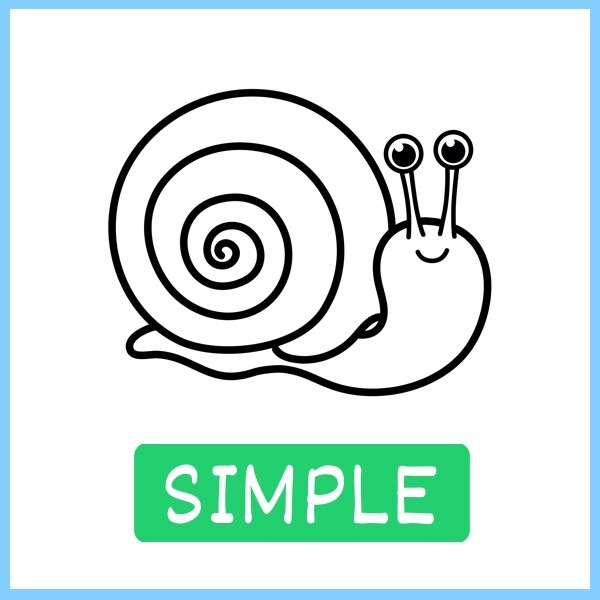 Simple: a snail drawn with a few thick lines, one object on the page