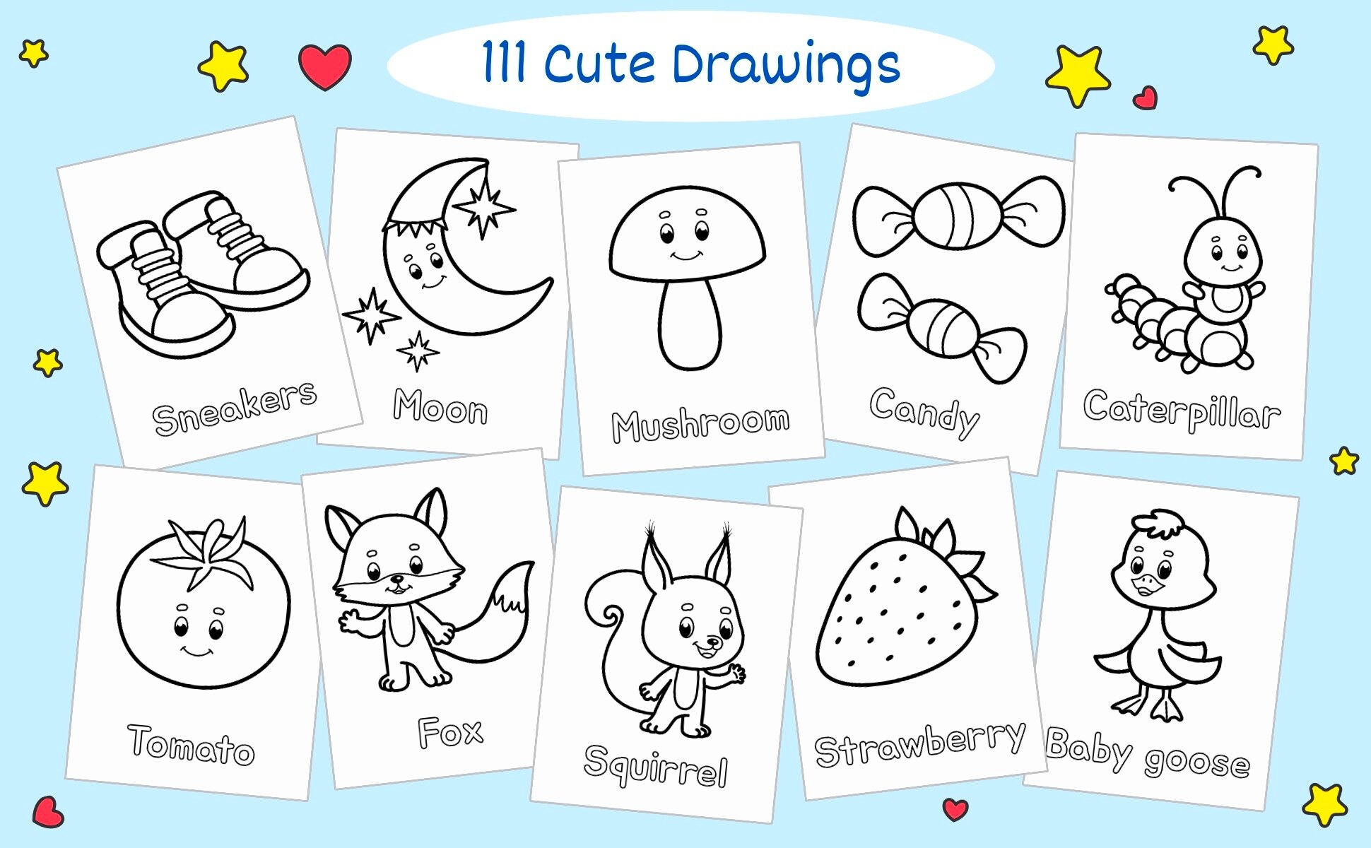 Ten of the 111 drawings: sneakers, moon, mushroom, candy, caterpillar, tomato, fox, squirrel, strawberry and a baby goose