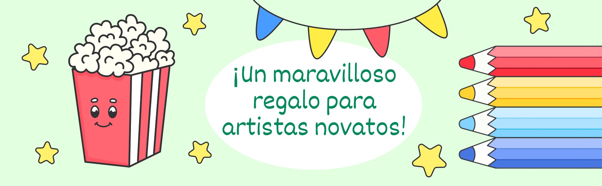 Un maravilloso regalo para artistas novatos, una caja de palomitas, banderines de fiesta y lápices de colores
