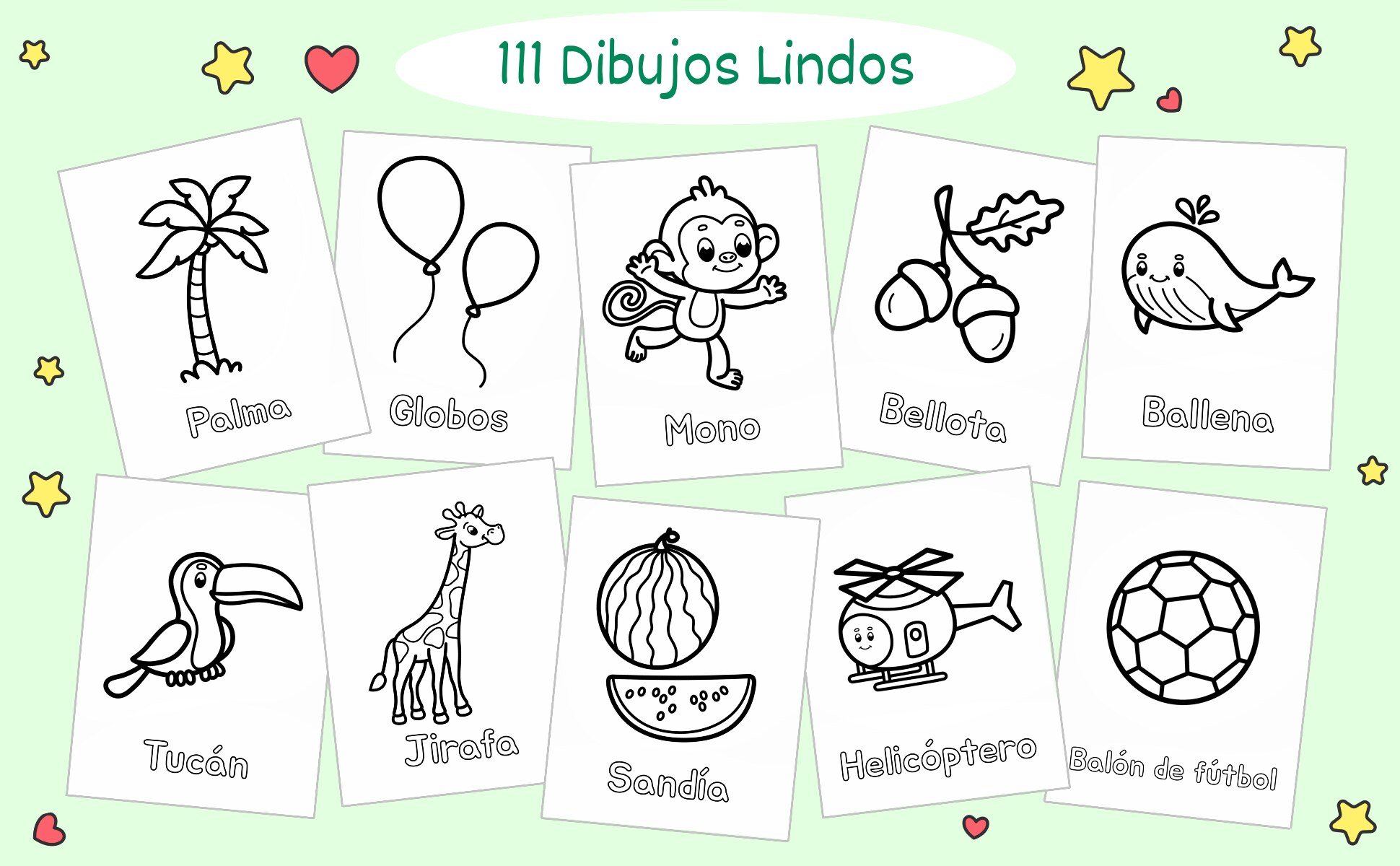 Diez de los 111 dibujos: palma, globos, mono, bellota, ballena, tucán, jirafa, sandía, helicóptero y balón de fútbol