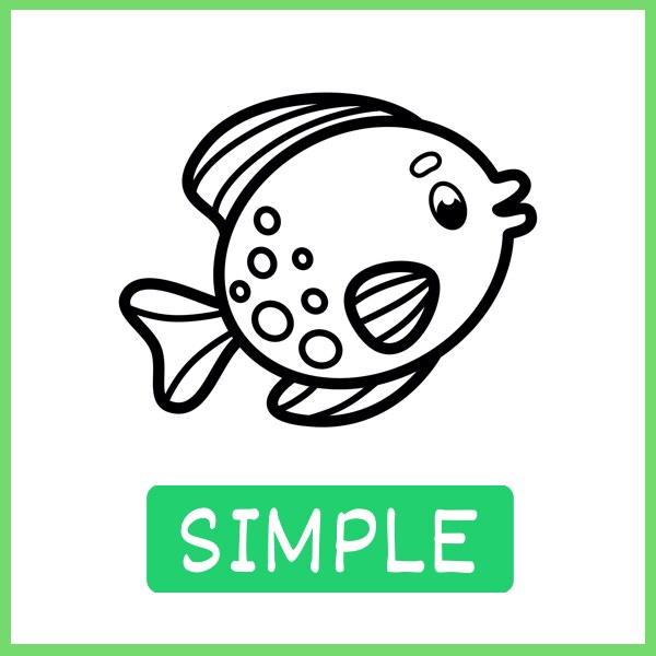 Simple: a fish drawn with a few thick lines, one object on the page