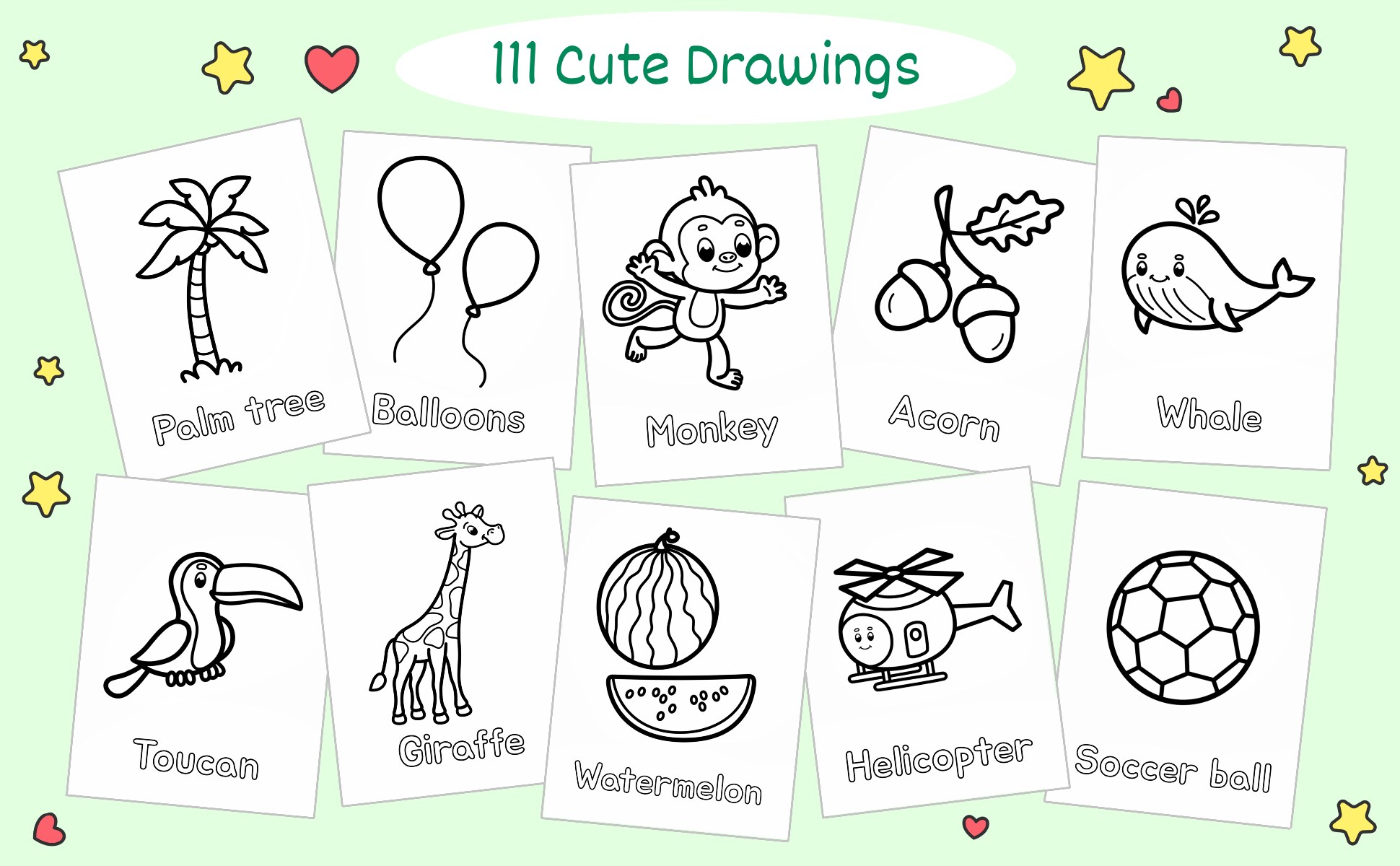 Ten of the 111 drawings: palm tree, balloons, monkey, acorn, whale, toucan, giraffe, watermelon, helicopter and soccer ball