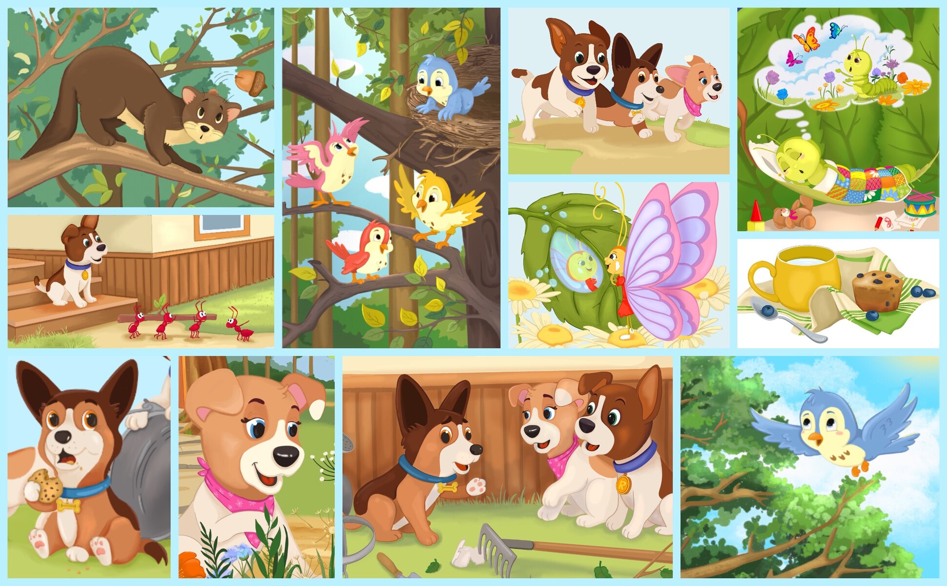 Twelve illustrations from the book: the puppies, the cat, the birds, the ants, the caterpillar and a cup of milk with a muffin