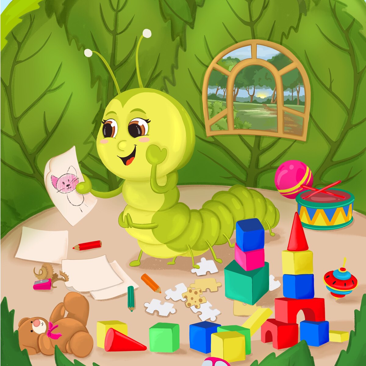 An illustration from the book: the caterpillar showing her drawing in a room scattered with blocks, puzzles and a drum