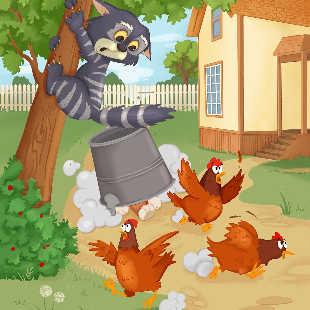 Una ilustración del libro: el gato subido a un árbol y tres gallinas asustadas que huyen de un cubo volcado en el patio