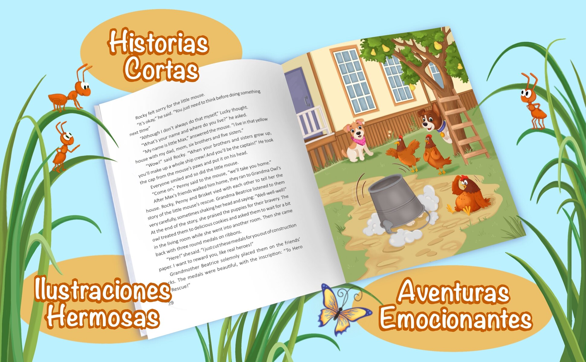El libro abierto por una doble página: el cuento corto a la izquierda y una ilustración a todo color del patio a la derecha