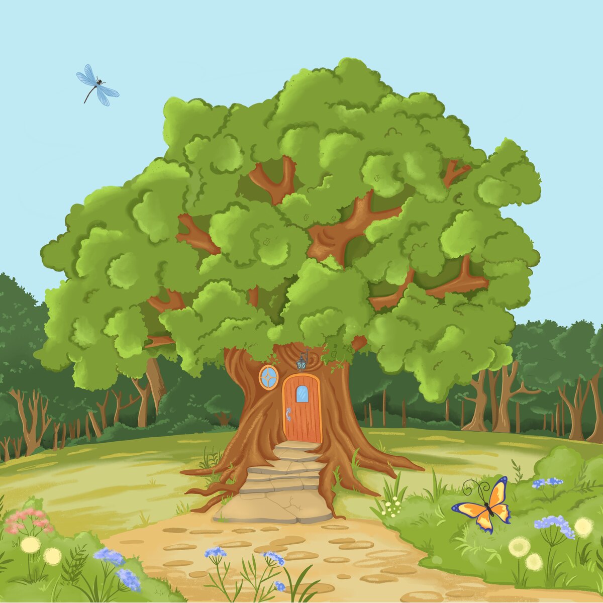 Una ilustración del libro: el viejo roble con una puerta y una ventana donde vive la Abuela Búho, con un camino que llega hasta ella