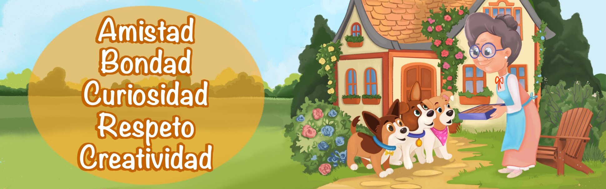 De qué tratan los cuentos: amistad, bondad, curiosidad, respeto y creatividad, con la Abuela Beatriz sacando galletas a los perritos
