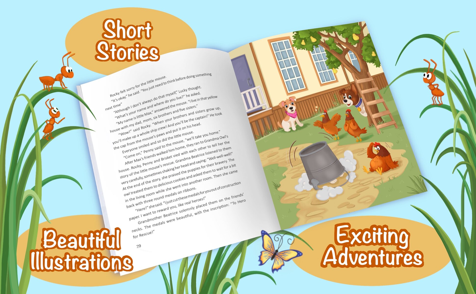 The book open at a spread: short story on the left page, a full color illustration of the yard on the right