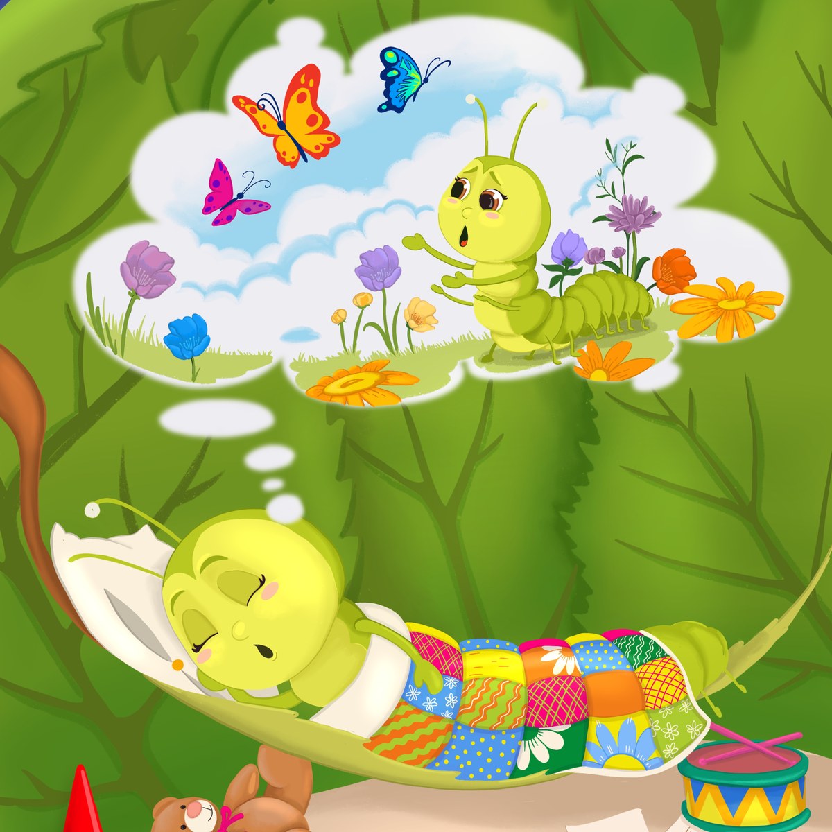 An illustration from the book: a caterpillar asleep on a leaf, dreaming of the butterflies it will fly with
