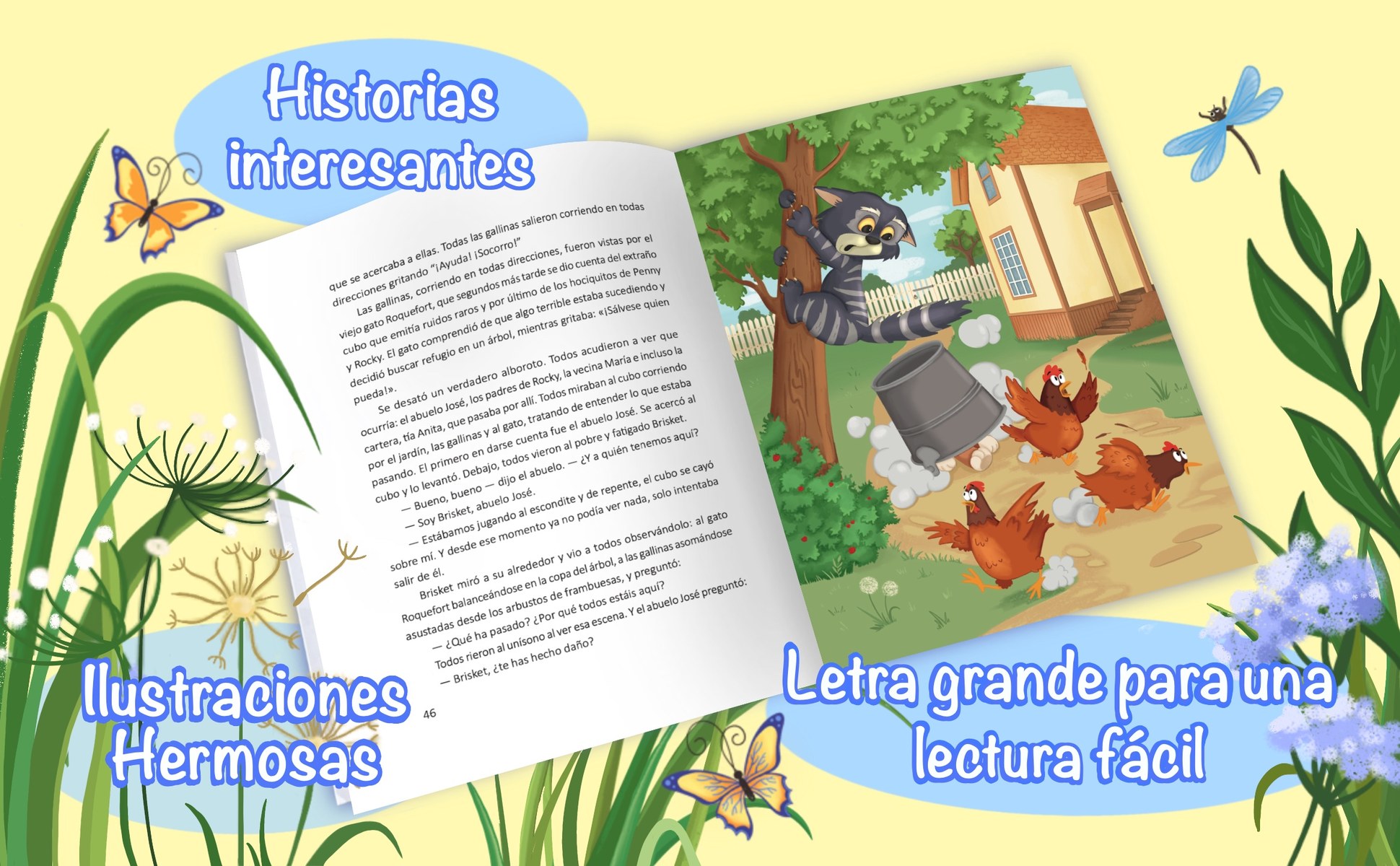 Una página doble del libro: letra grande en la página izquierda y una ilustración a todo color del gato y las gallinas asustadas en la derecha