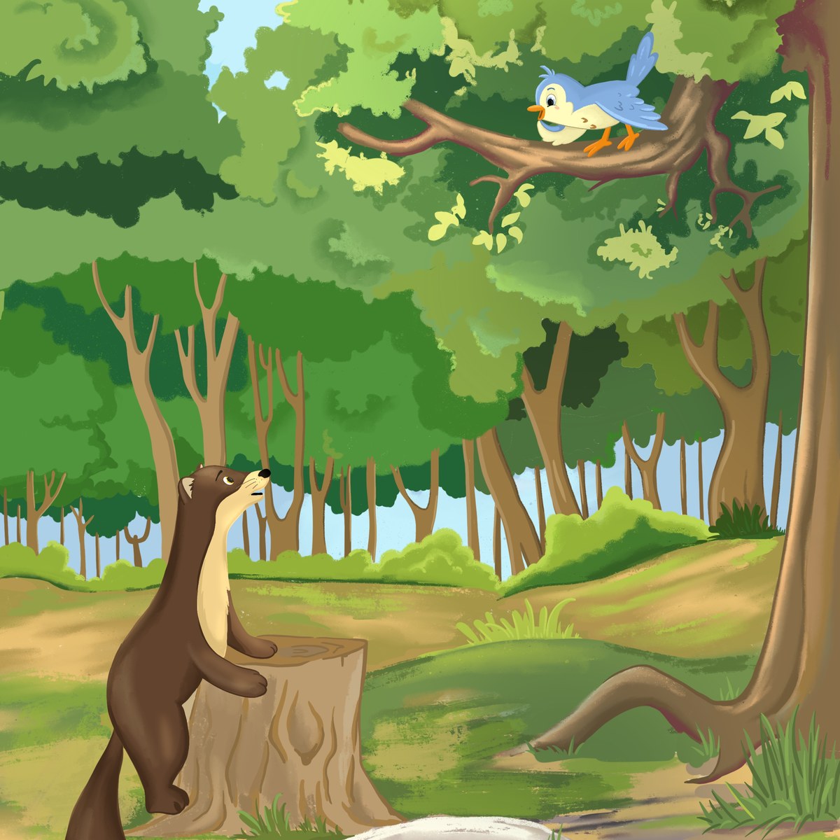 An illustration from the book: an otter by a tree stump talking to a bluebird on a branch