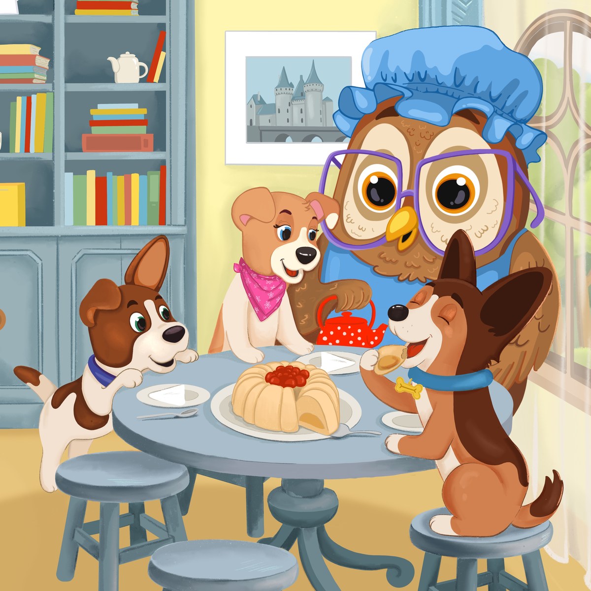 An illustration from the book: Rocky, Penny and Brisket at the table with Grandma Owl, a pie and a red teapot