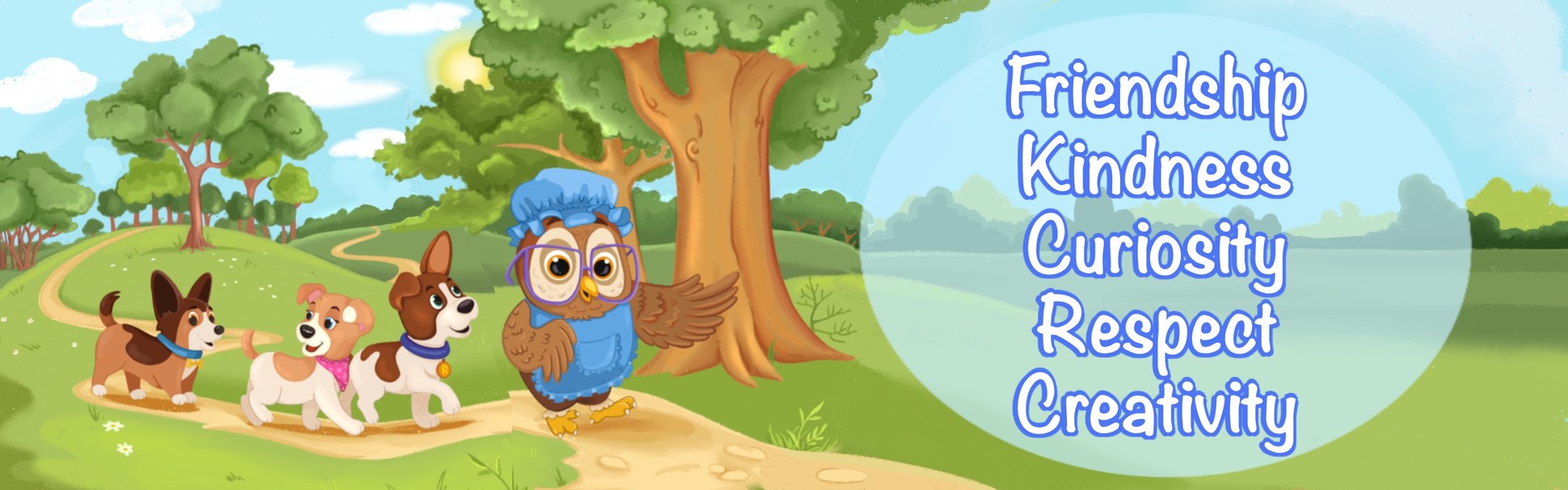 What the stories are about: friendship, kindness, curiosity, respect, creativity. Rocky and his friends walking with Grandma Owl