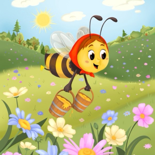 A bee carrying two small buckets of honey across a flower meadow, an illustration from The Magic of Friendship
