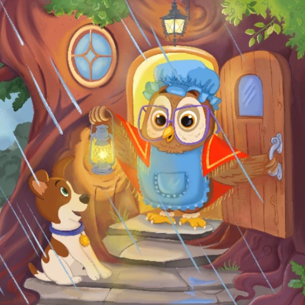 Granny Owl in glasses opens her door with a lantern to let Rocky in out of the rain