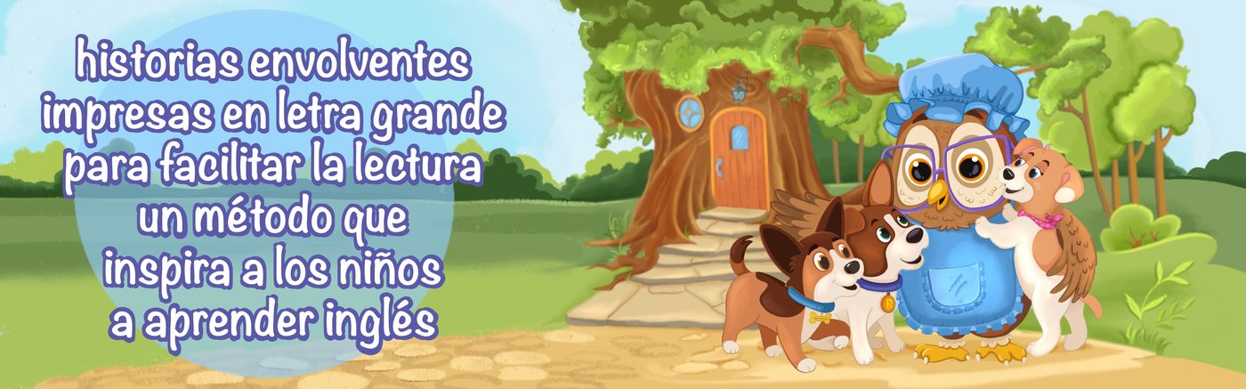 Historias en letra grande que facilitan la lectura, con la abuelita Lechuza y los cachorros frente a su casa en el árbol