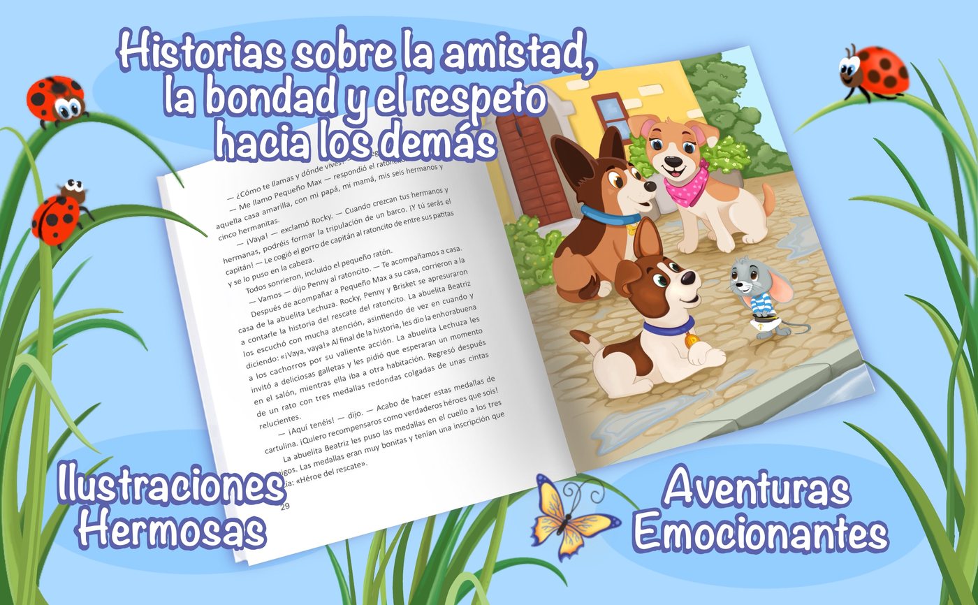 Páginas interiores del libro: Rocky y sus amigos conocen a Pequeño Max, con texto en letra grande y una ilustración a color en la página opuesta