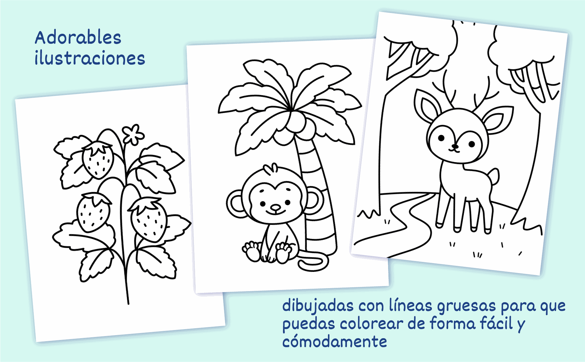 Tres páginas del libro: fresas, un mono bajo una palmera y un ciervo junto a un arroyo, dibujados con líneas gruesas