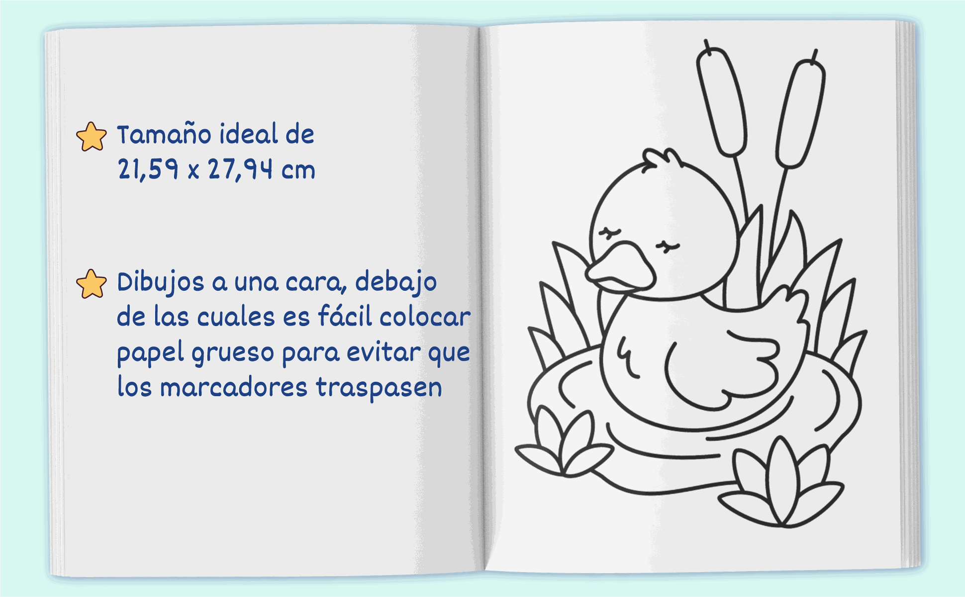 El libro abierto por un patito entre juncos, con la página de 21,6 por 27,9 cm y los dibujos impresos por una sola cara