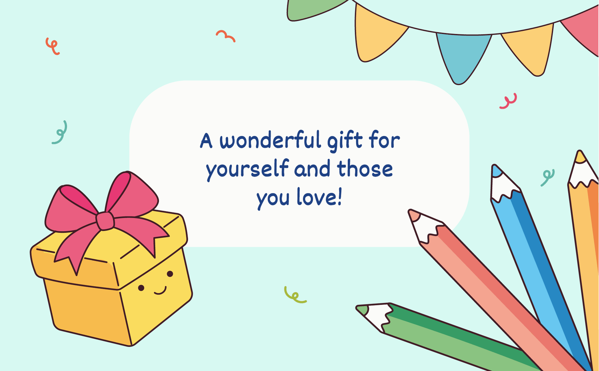 A wrapped present and colored pencils, the book as a gift for yourself or someone you love