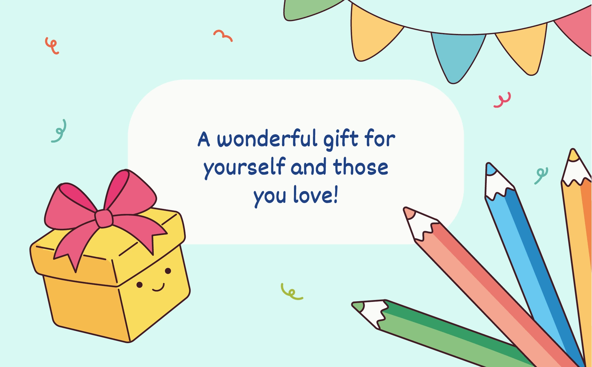 A wrapped present and colored pencils, the book as a gift for yourself or someone you love