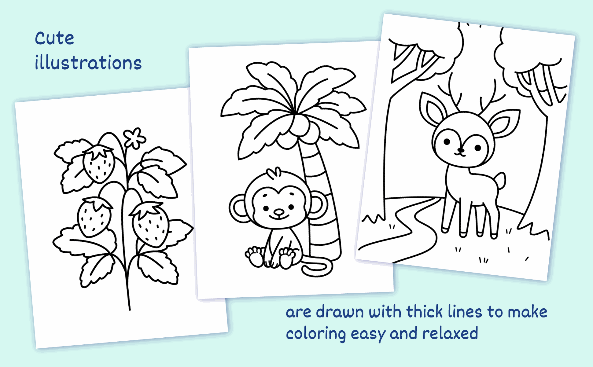 Three pages from the book: strawberries, a monkey under a palm tree and a deer by a stream, all drawn with thick lines