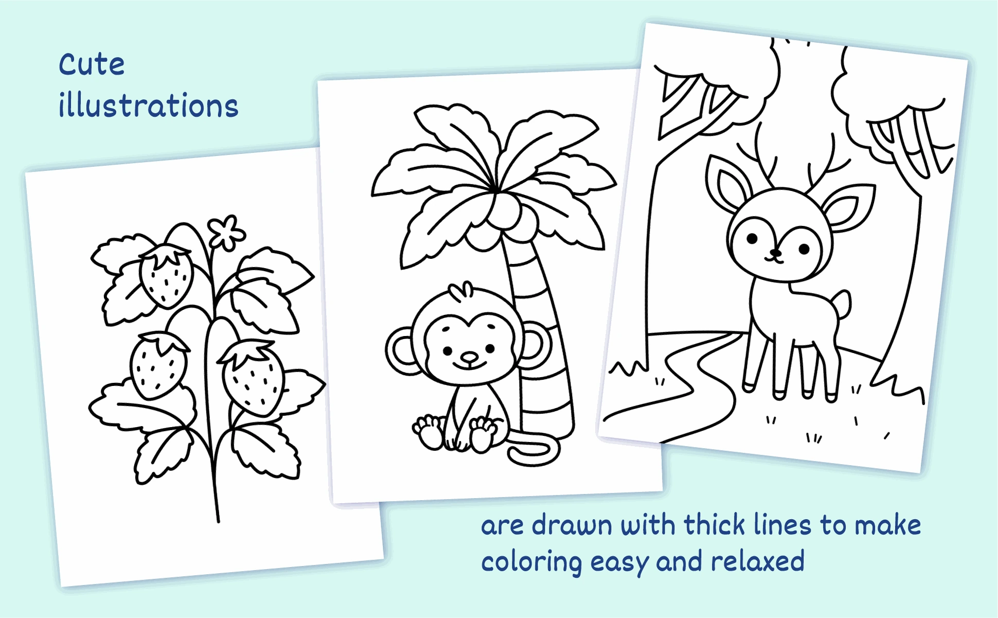 Three pages from the book: strawberries, a monkey under a palm tree and a deer by a stream, all drawn with thick lines