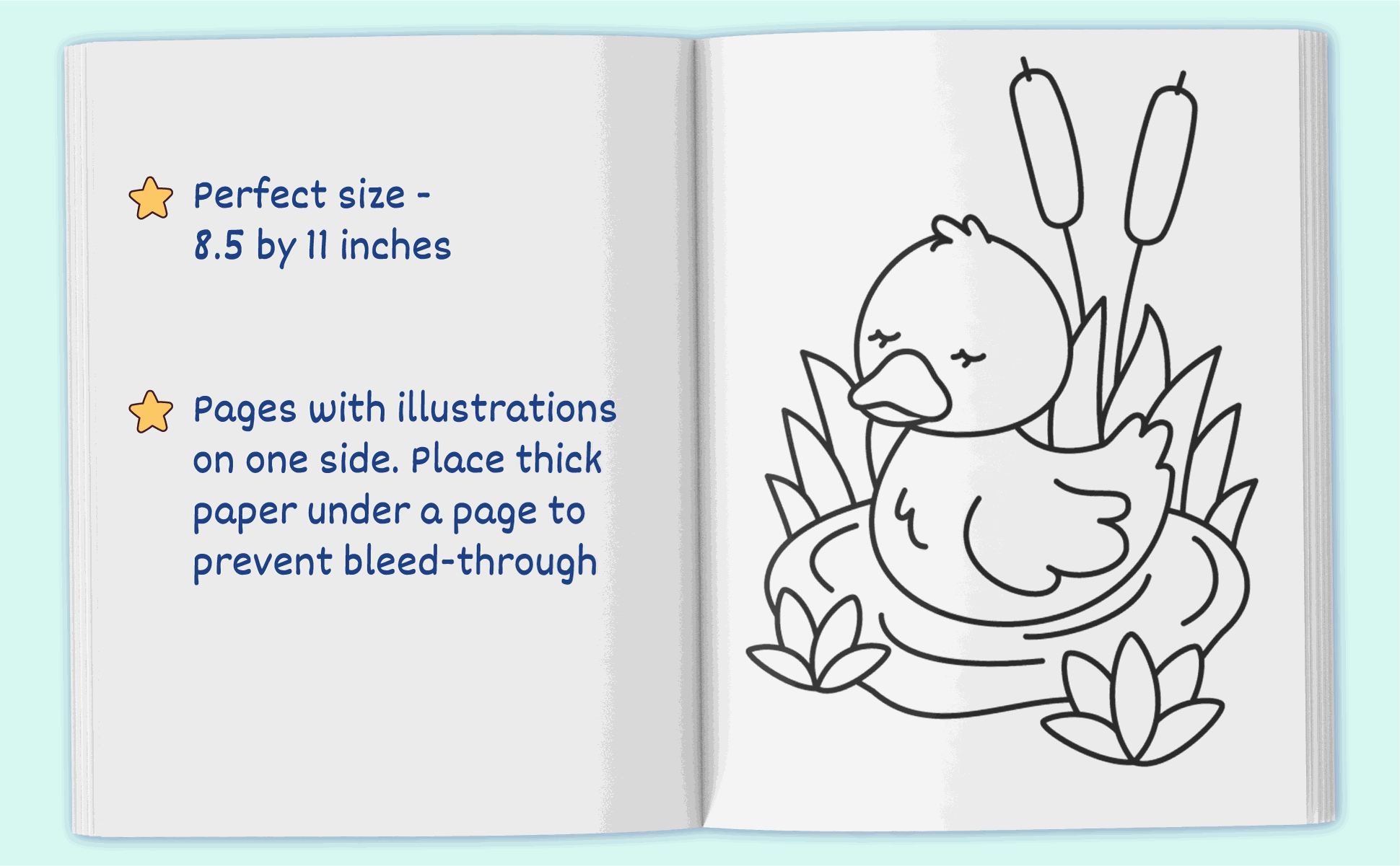 The book open at a duck among reeds, showing the 8.5 by 11 inch page and designs printed on one side only
