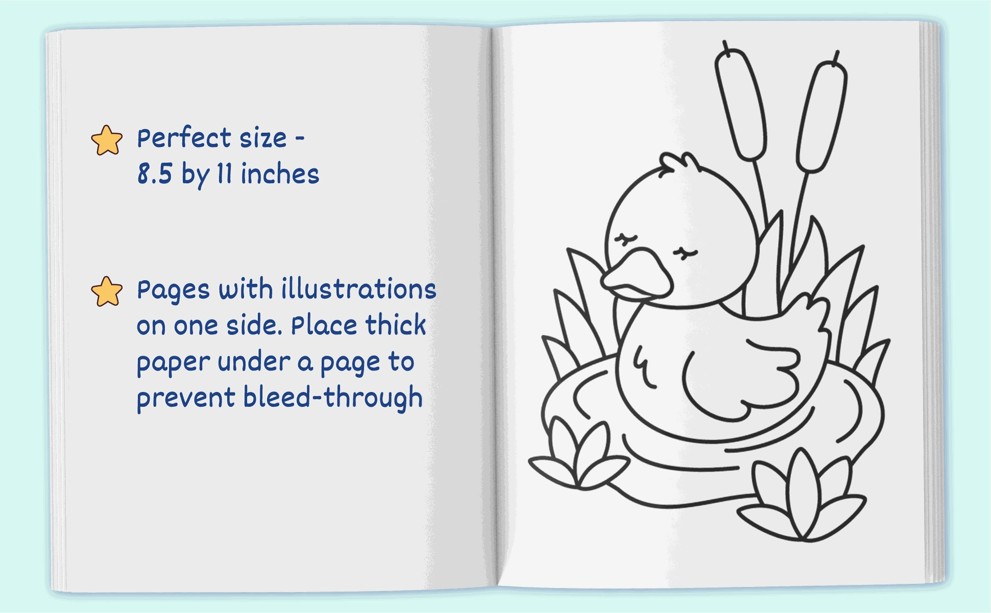 The book open at a duck among reeds, showing the 8.5 by 11 inch page