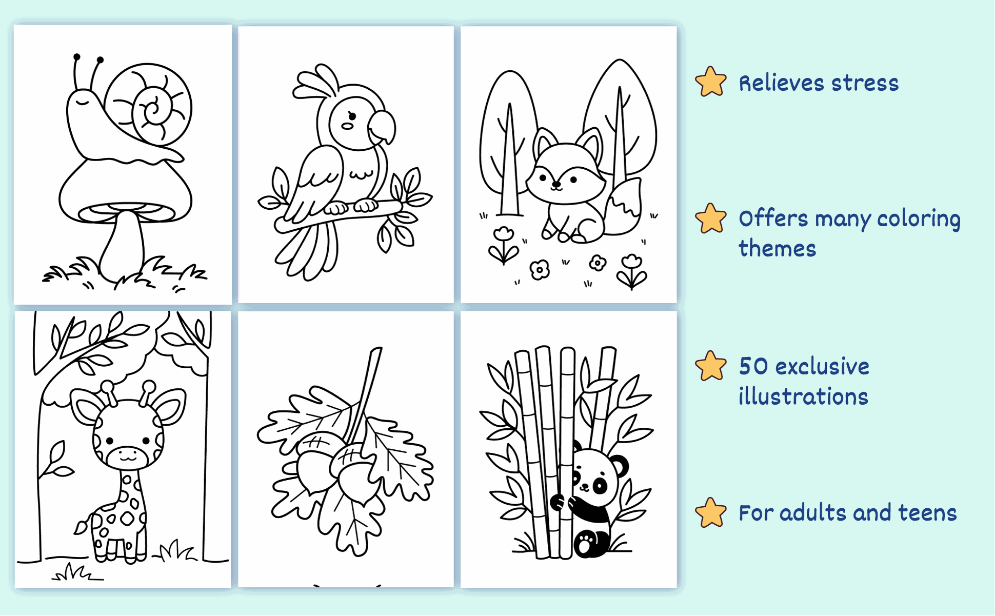 Six more designs from the book: a snail, a parrot, a fox, a giraffe, acorns and a panda in bamboo