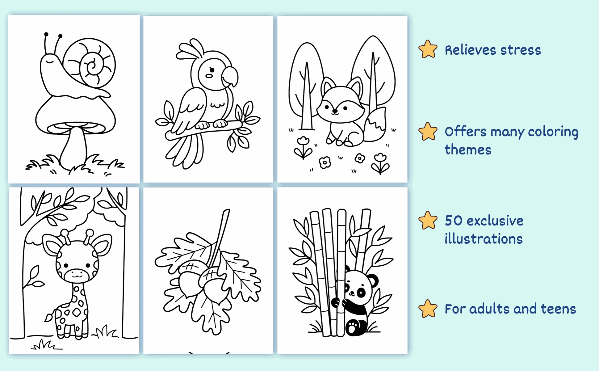 Six more designs from the book: a snail, a parrot, a fox, a giraffe, acorns and a panda in bamboo