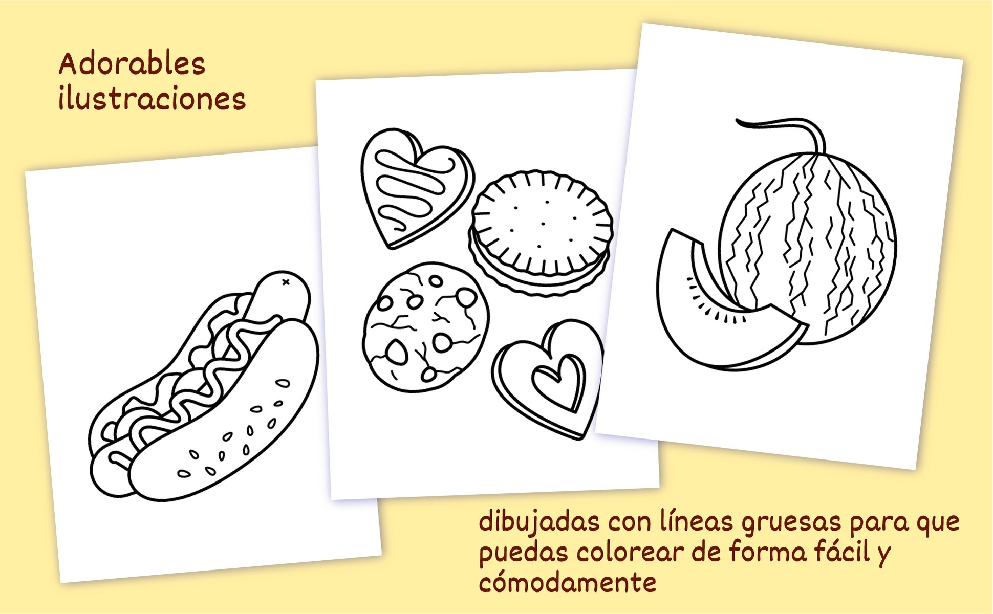Tres páginas del libro: un perrito caliente, unas galletas y una sandía, dibujados con líneas gruesas