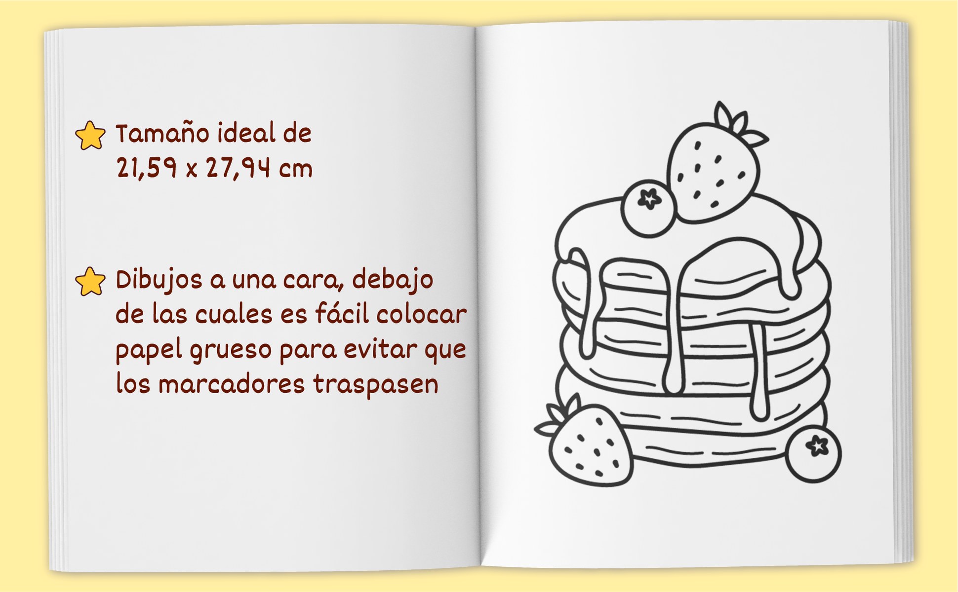 El libro abierto por unas tortitas con fresas, con la página de 21,6 por 27,9 cm y los dibujos impresos por una sola cara