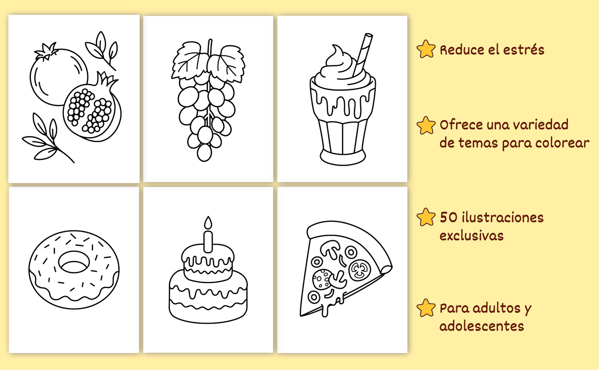 Seis dibujos más del libro: una granada, unas uvas, un batido, un donut, una tarta de cumpleaños y una porción de pizza