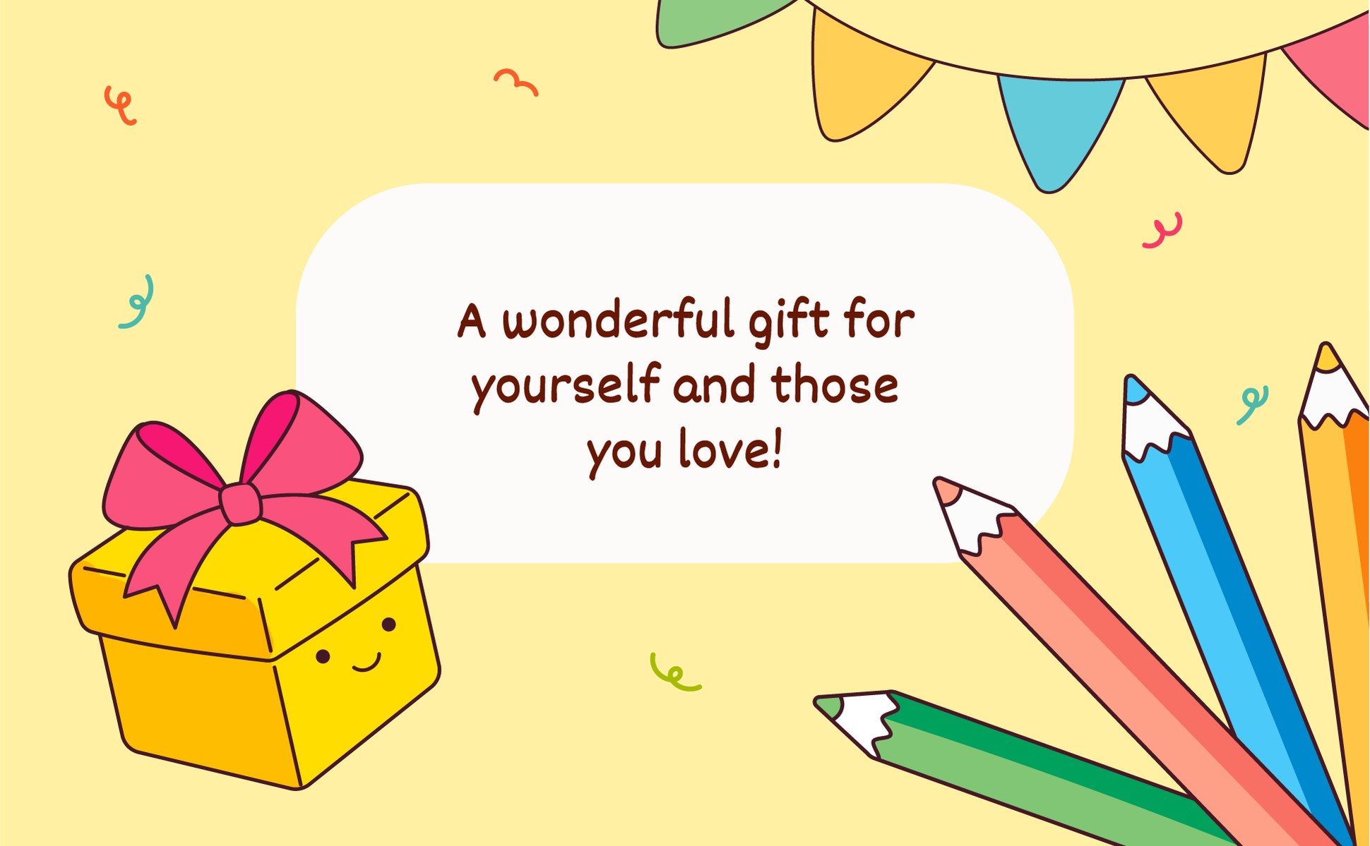A wrapped present and colored pencils, the book as a gift for yourself or someone you love