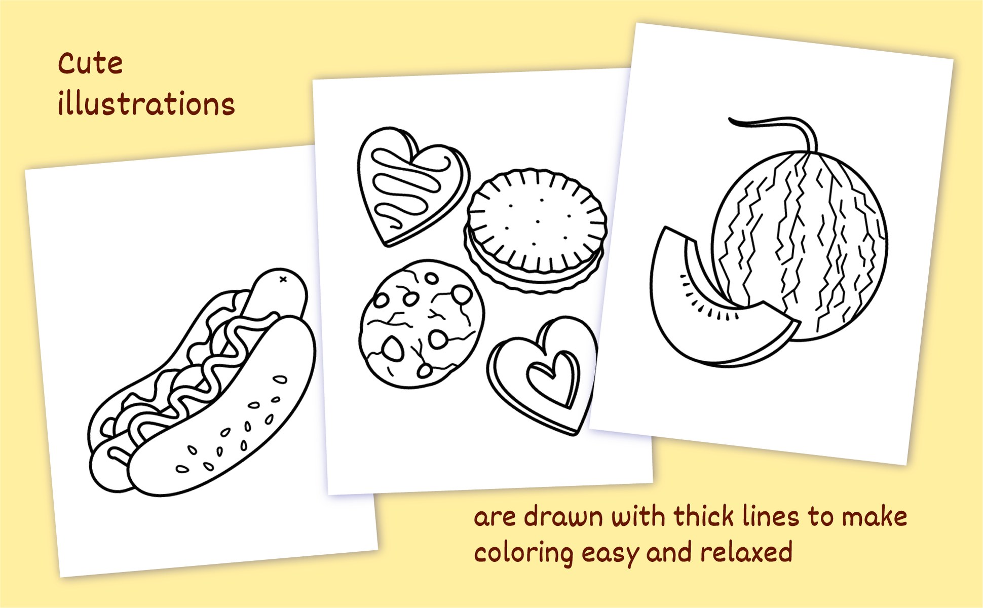 Three pages from the book: a hot dog, cookies and a watermelon, all drawn with thick lines