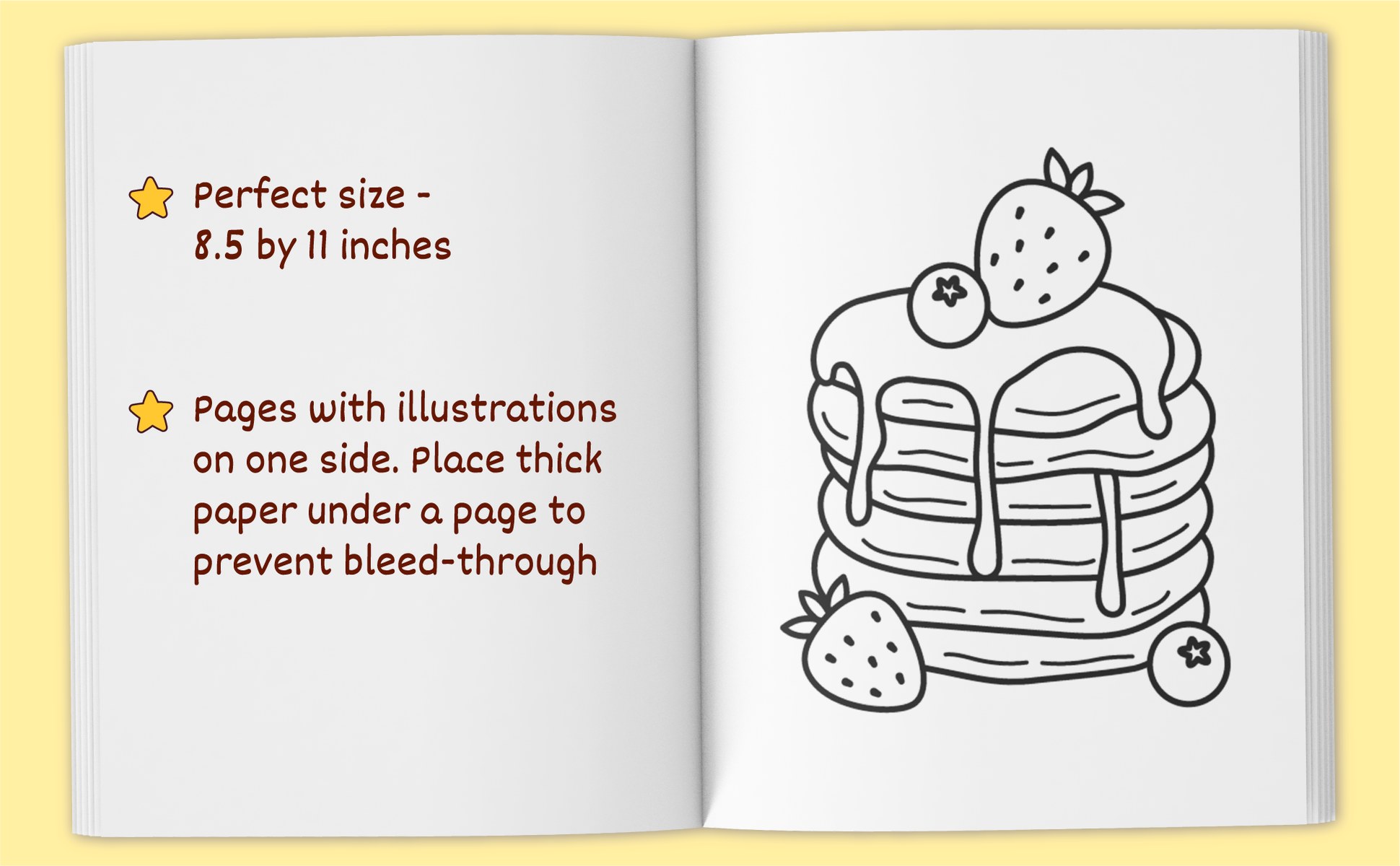 The book open at a stack of pancakes with strawberries, showing the 8.5 by 11 inch page and designs printed on one side only