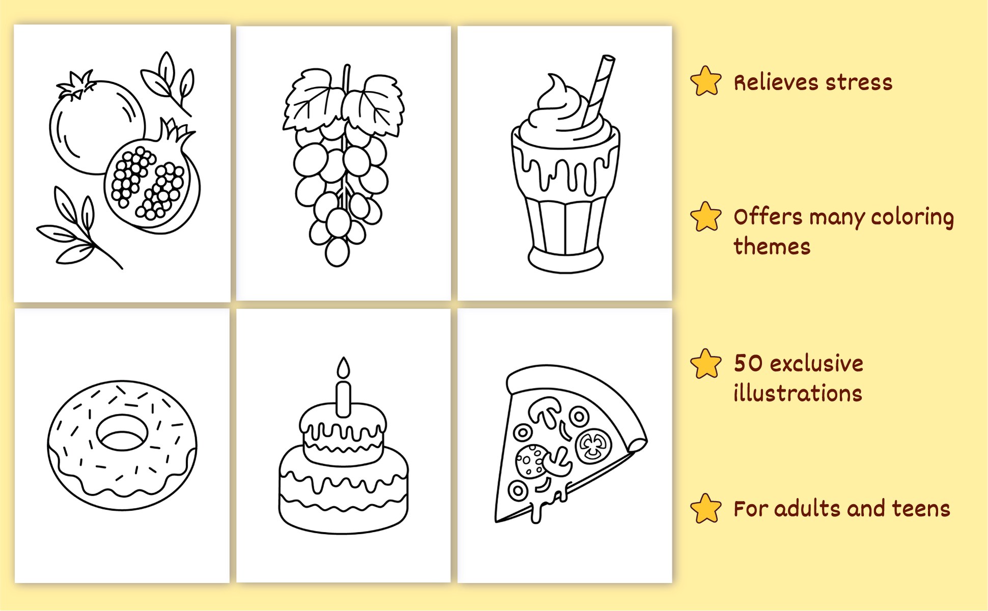 Six more designs from the book: a pomegranate, grapes, a milkshake, a donut, a birthday cake and a slice of pizza
