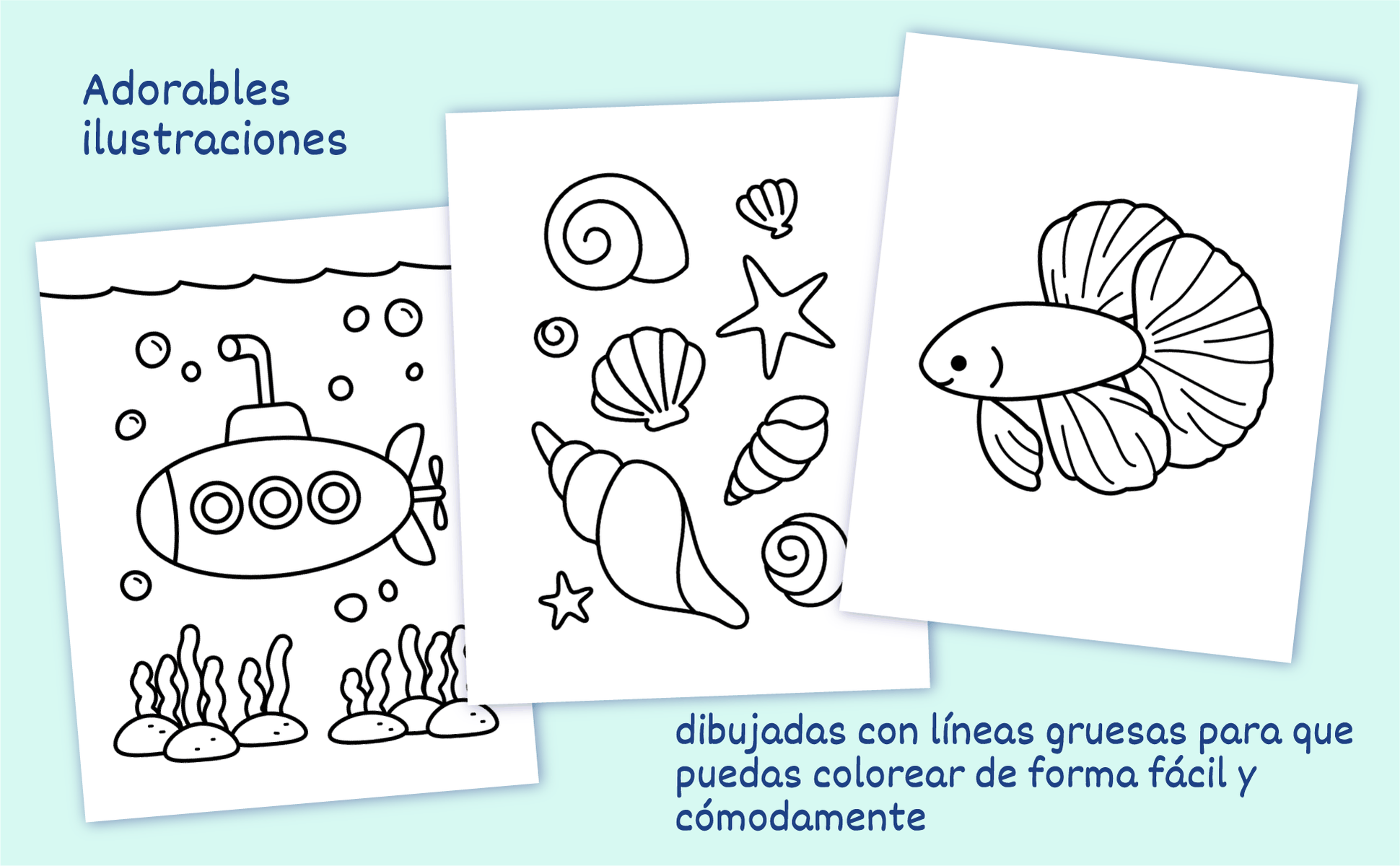 Tres páginas del libro: un submarino entre algas, un grupo de conchas y estrellas de mar, y un pez betta, todos dibujados con líneas gruesas