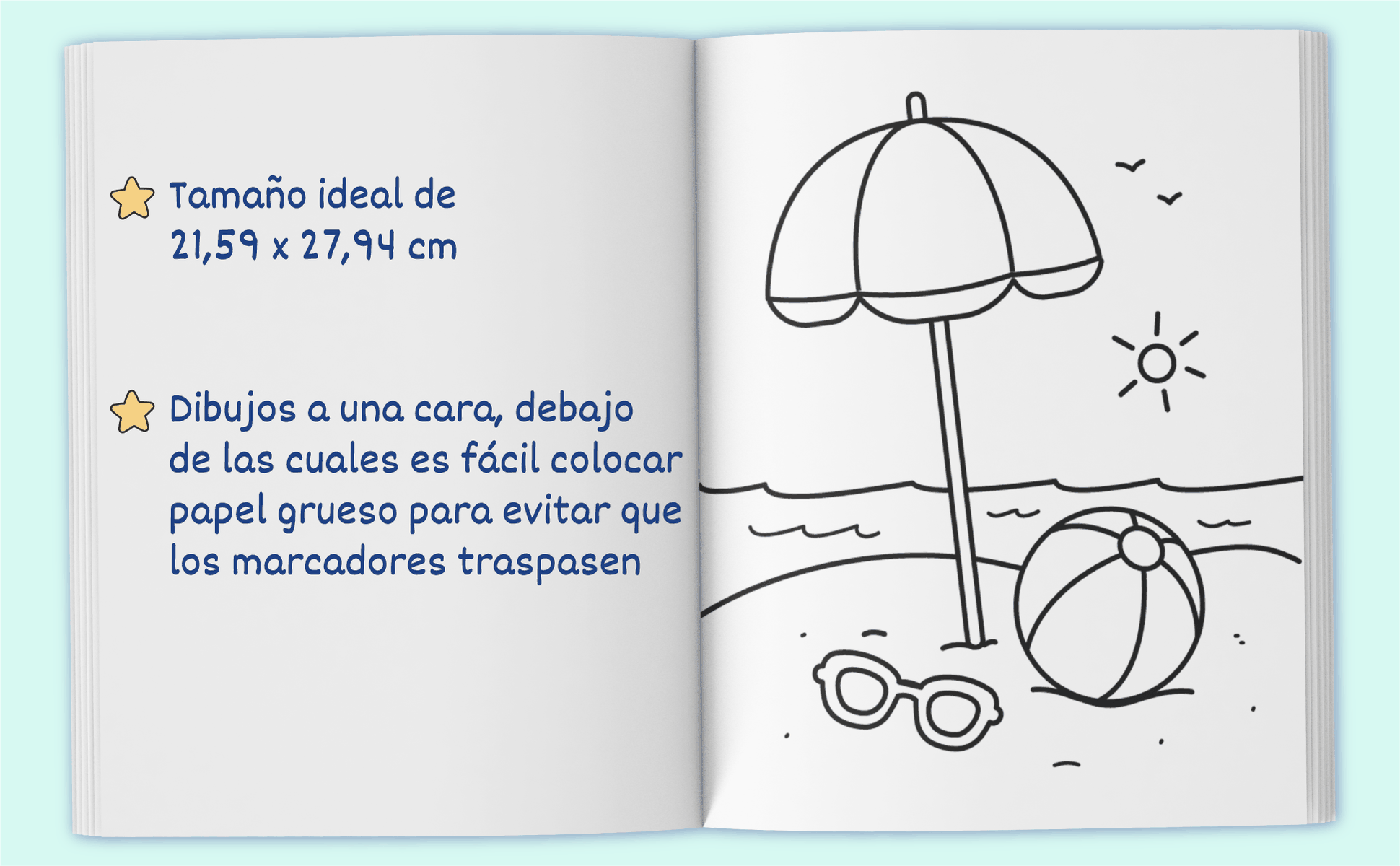 El libro abierto en una sombrilla de playa y una pelota, con la página de 21,59 por 27,94 cm y los dibujos impresos por una sola cara