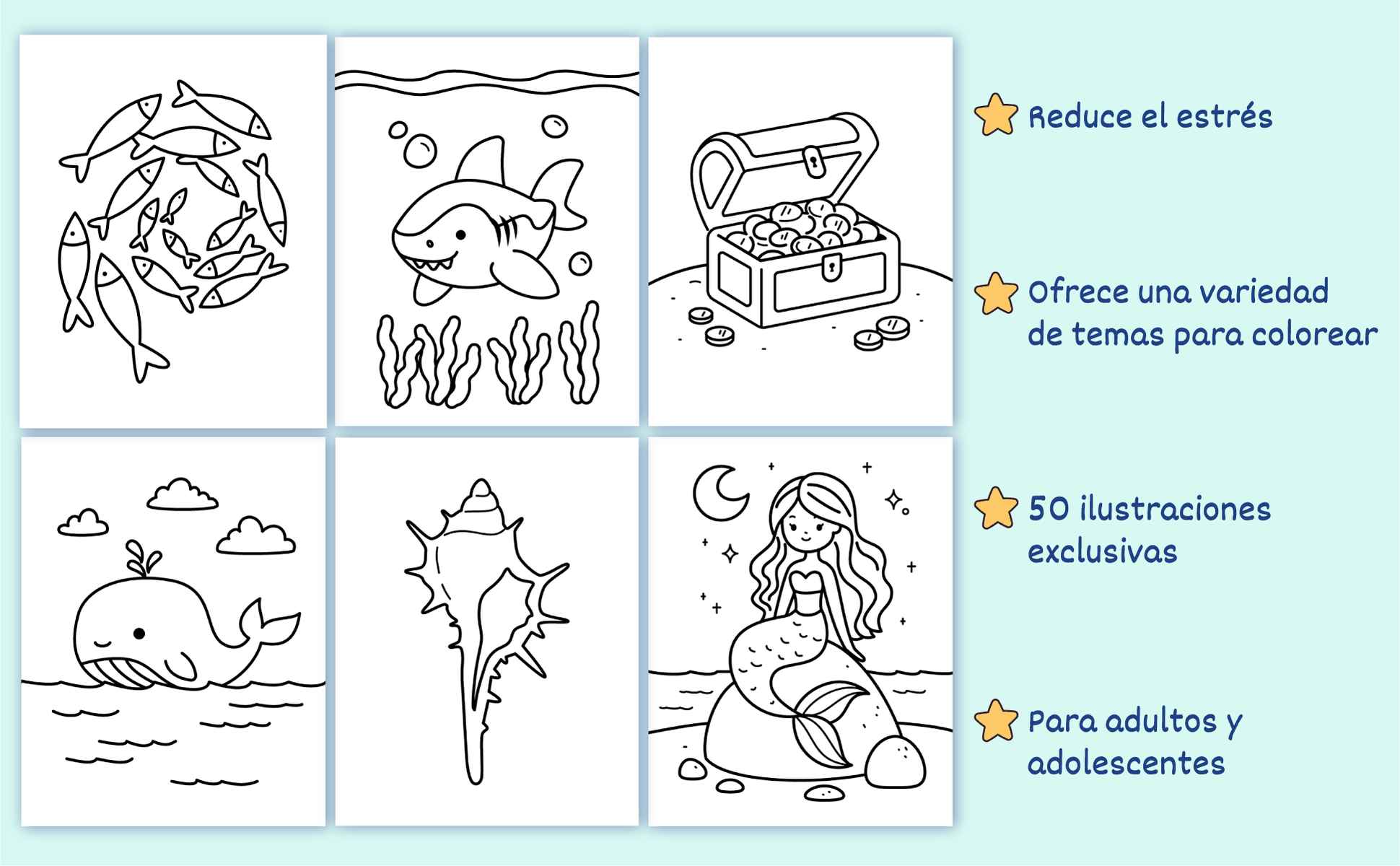 Seis diseños más del libro: un banco de peces, un tiburón, un cofre del tesoro, una ballena, una caracola y una sirena sobre una roca